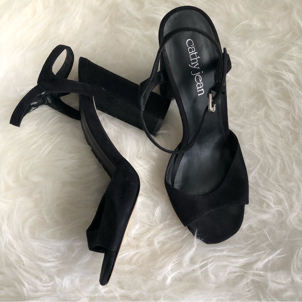 Black Suede Square Toe Block Heel